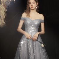 Grey long A line prom dress off shoulder evening dress - Thumbnail 3