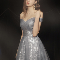 Grey long A line prom dress off shoulder evening dress - Thumbnail 4