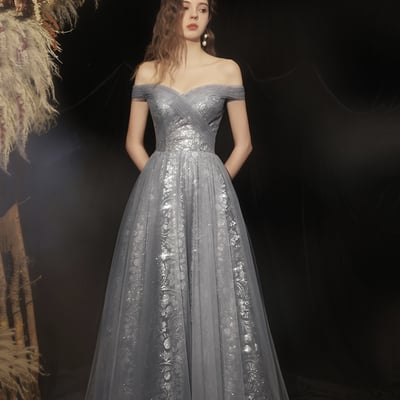 Grey long a line prom dress off shoulder evening dress - Thumbnail 5