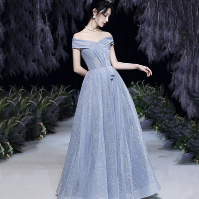 Shiny tulle long a line prom dress evening dress - Thumbnail 4