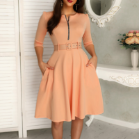 Slim Zipper Long-Sleeved Dress - Thumbnail 4