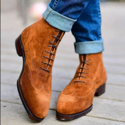 Brown wingtip ankle high adult boot,men's handmade lace up boot,formal wear boot - Thumbnail 4