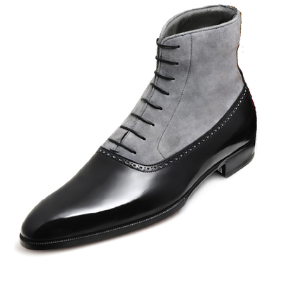 Men's black grey ankle high boot,narrow toe formal boot,handmade leather suede lace up boot - Thumbnail 1