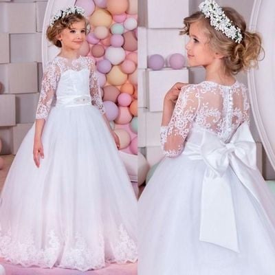 Cute a-line round neck  3/4 sleeves white tulle lace flower girl dresses with big bow