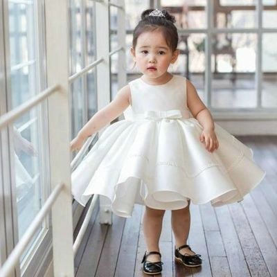 Pretty a-line round neck satinflower girl dress with bow
