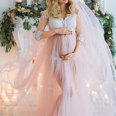 Sexy pregnant lace tulle evening dress,3/4 sleeve illusion maternity prom dress,816