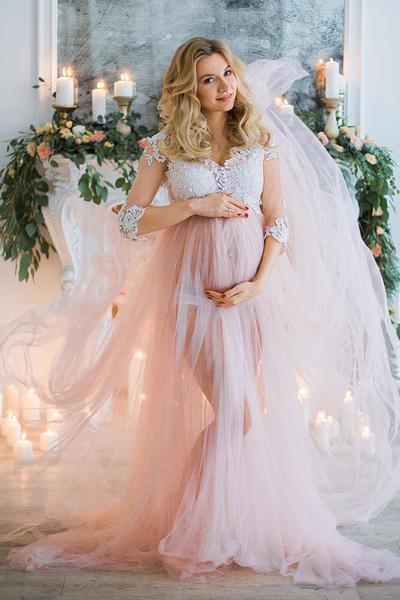 Sexy Pregnant Lace Tulle Evening Dress,3/4 Sleeve Illusion Maternity Prom Dress,816