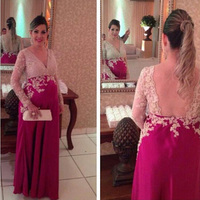 Pregancy prom dresses,Fuchsia A-line V-neck Floor-length Chiffon Evening Dress Prom Dresses,817 - Thumbnail 1