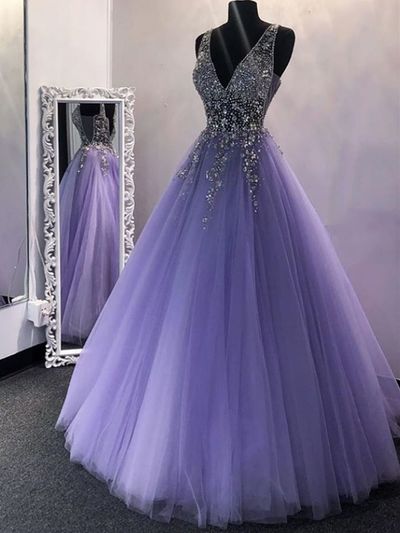 A Line V Neck Sequins Purple Tulle Long Prom Dresses,Lilac Beaded Long Formal Evening Praty Dresses,822