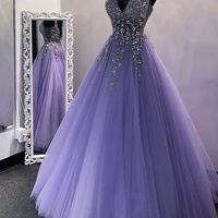 A Line V Neck Sequins Purple Tulle Long Prom Dresses,Lilac Beaded Long Formal Evening Praty Dresses,822 - Thumbnail 2