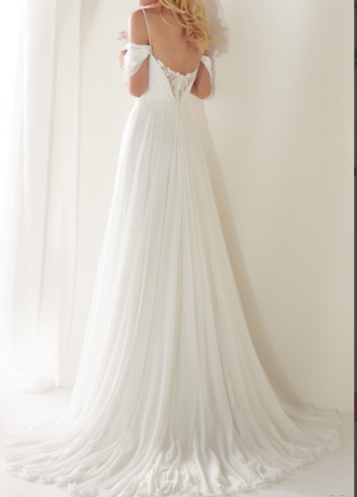 White Chiffon Lace Appliques Wedding Dress Off Shoulder Spaghetti Straps Sheath Bridal Dress Long Prom Dress,824