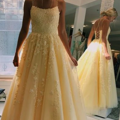 Glamorous a line spaghetti straps yellow long prom/evening dress appliques,825