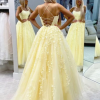 Glamorous A Line Spaghetti Straps Yellow Long Prom/Evening Dress Appliques,825 - Thumbnail 1