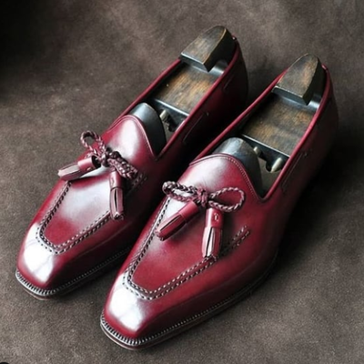 New burgundy tassels loafer leather shoes