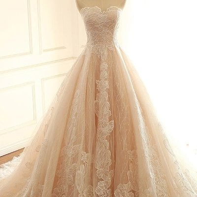 Light champagne lace sweetheart neck long strapless evening dress, formal prom dress,80 - Thumbnail 4