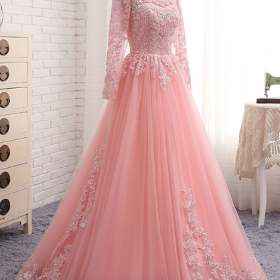 A-line pink tulle lace appliques long sleeve prom dress,89 - Thumbnail 4