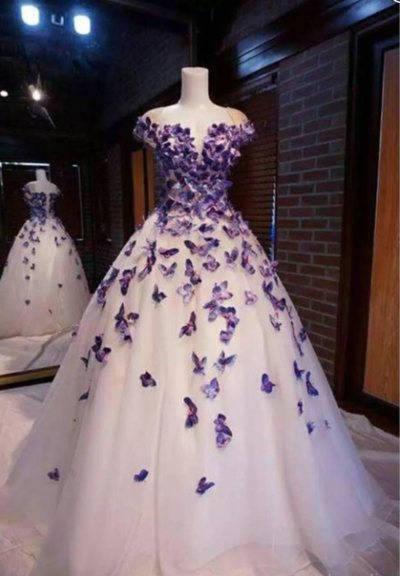 Purple Butterfly Appliques Ball Quinceanera Dress Birthday Party Sweet 16 Gown,,95