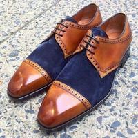 Pure Handmade Tan Shaded Leather And Blue Suede Lace up Shoes for Men's - Thumbnail 1