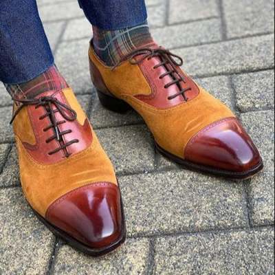 Pure handmade tan suede & brown shaded leather lace up shoes for men's