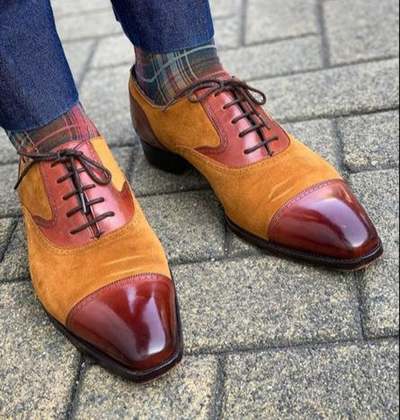Pure Handmade Tan Suede & Brown Shaded Leather Lace up Shoes for Men's