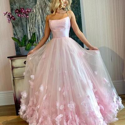 Pink tulle spaghetti straps sweet 16 prom dress with 3d lace applique,100