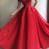 Sexy Red A-Line Prom Dresses Tulle Evening Dress Long Slit Party Gowns,105 - Thumbnail 1