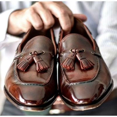  best handmade men's loafer shoes, dark brown leather loafer slip tassels casual shoes.