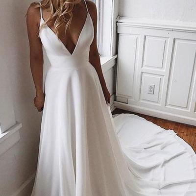Elegant simple v neck spaghetti straps white wedding dresses with lace,114 - Thumbnail 5