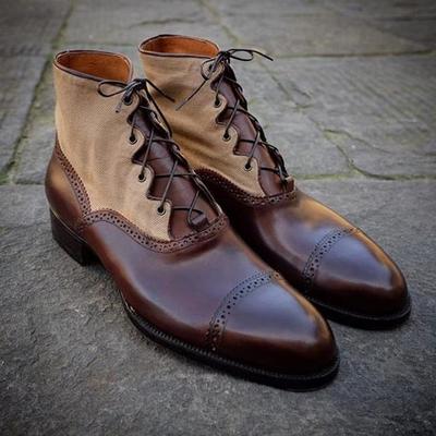 New handmade tweed & dark brown leather ankle boots for men's - Thumbnail 1