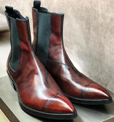 New Handmade Chelsea Pure Leather Brown Shaded Ankle Boots for Men's