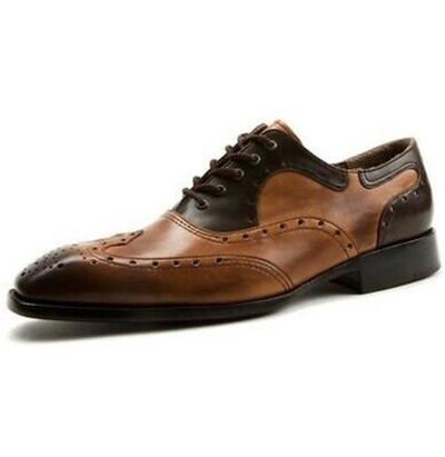 New Pure Handmade Tan Shaded & Black Leather Lace up Brogue Shoes for Men's