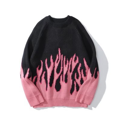 Black Pink Vintage Fire Flames Loose Oversized Long Sleeve Knit Sweatshirt Sweater Pullover Jumper E-Girl Kawaii Korean Japanese Harajuku Streetwear