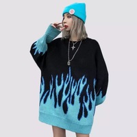 Black Pink Vintage Fire Flames Loose Oversized Long Sleeve Knit Sweatshirt Sweater Pullover Jumper E-Girl Kawaii Korean Japanese Harajuku Streetwear - Thumbnail 2