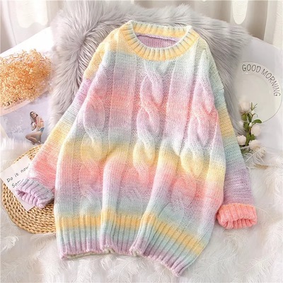 Pastel rainbow tie dye stripe loose oversize knit long sleeve sweatshirt sweater pullover jumper e-girl kawaii korean japanese harajuku streetwear - Thumbnail 4