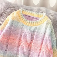 Pastel Rainbow Tie Dye Stripe Loose Oversize Knit Long Sleeve Sweatshirt Sweater Pullover Jumper E-Girl Kawaii Korean Japanese Harajuku Streetwear - Thumbnail 2