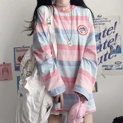 Pastel Rainbow Stripe Colorful Loose Oversize Long Sleeve Shirt T-shirt Top Embroidery Casual Autumn E-Girl Kawaii Korean Japanese Harajuku Streetwear