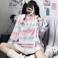 Pastel Rainbow Stripe Colorful Loose Oversize Long Sleeve Shirt T-shirt Top Embroidery Casual Autumn E-Girl Kawaii Korean Japanese Harajuku Streetwear - Thumbnail 1