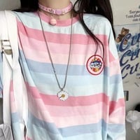 Pastel Rainbow Stripe Colorful Loose Oversize Long Sleeve Shirt T-shirt Top Embroidery Casual Autumn E-Girl Kawaii Korean Japanese Harajuku Streetwear - Thumbnail 3
