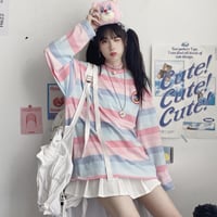 Pastel Rainbow Stripe Colorful Loose Oversize Long Sleeve Shirt T-shirt Top Embroidery Casual Autumn E-Girl Kawaii Korean Japanese Harajuku Streetwear - Thumbnail 5