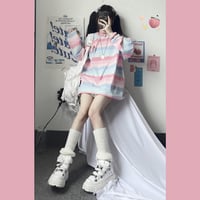 Pastel Rainbow Stripe Colorful Loose Oversize Long Sleeve Shirt T-shirt Top Embroidery Casual Autumn E-Girl Kawaii Korean Japanese Harajuku Streetwear - Thumbnail 7
