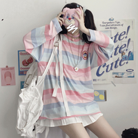 Pastel Rainbow Stripe Colorful Loose Oversize Long Sleeve Shirt T-shirt Top Embroidery Casual Autumn E-Girl Kawaii Korean Japanese Harajuku Streetwear - Thumbnail 9
