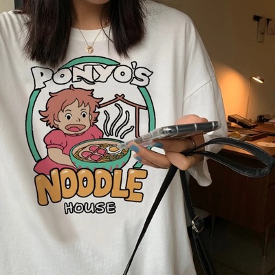 Vintage Anime Ramen Noodle Cartoon Print Loose White Short Sleeve Short T-shirt Top Causal Summer E-Girl Kawaii Korean Japanese Harajuku Streetwear
