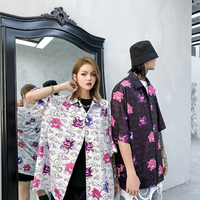 Funny Anime Genger Graphic Cartoon Print Loose Button Down Short Sleeve Short T-shirt Top Causal  E-Girl Kawaii Korean Japanese Harajuku Streetwear - Thumbnail 1