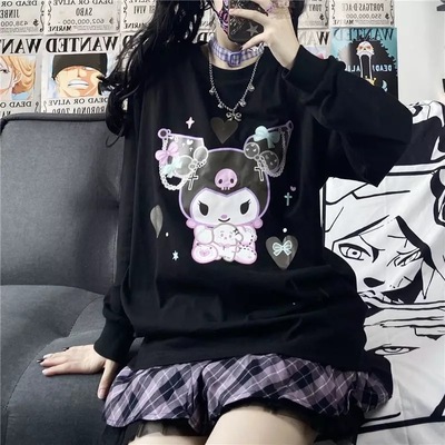 Cute Black Japanese Anime Cartoon Print Loose Oversize Long Sleeve T-shirt 