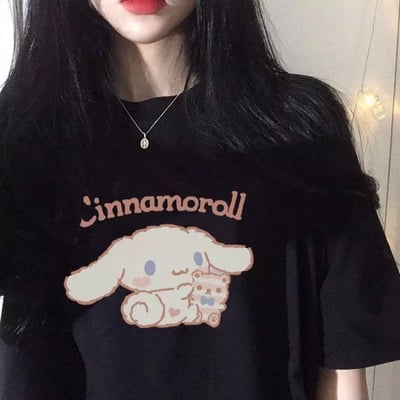 Cute Anime Cartoon Print Loose Oversize Short Sleeve Short T-shirt Top Causal Summer E-Girl Kawaii Korean Japanese Harajuku Streetwear