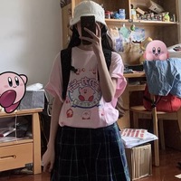 Pastel Pink Japanese Anime Graphic Cartoon Print Loose Short Sleeve T-shirt  - Thumbnail 1