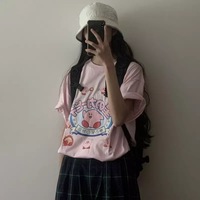Pastel Pink Japanese Anime Graphic Cartoon Print Loose Short Sleeve T-shirt  - Thumbnail 2