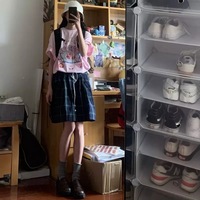 Pastel Pink Japanese Anime Graphic Cartoon Print Loose Short Sleeve T-shirt  - Thumbnail 3