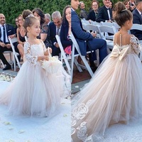 Princess Jewel Long Sleeves Sweep Train Lace Tulle Flower Girl Dresses with Bowknot - Thumbnail 1