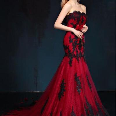 Black and red gothic mermaid wedding dresses sweetheart lace appliques tulle corset back vintage colorful wedding gowns 1950s,828